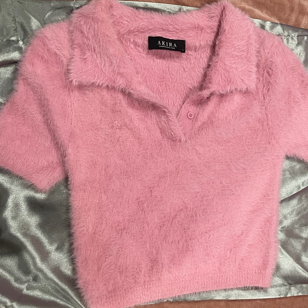 Pink Fuzzy Crop Polo Top